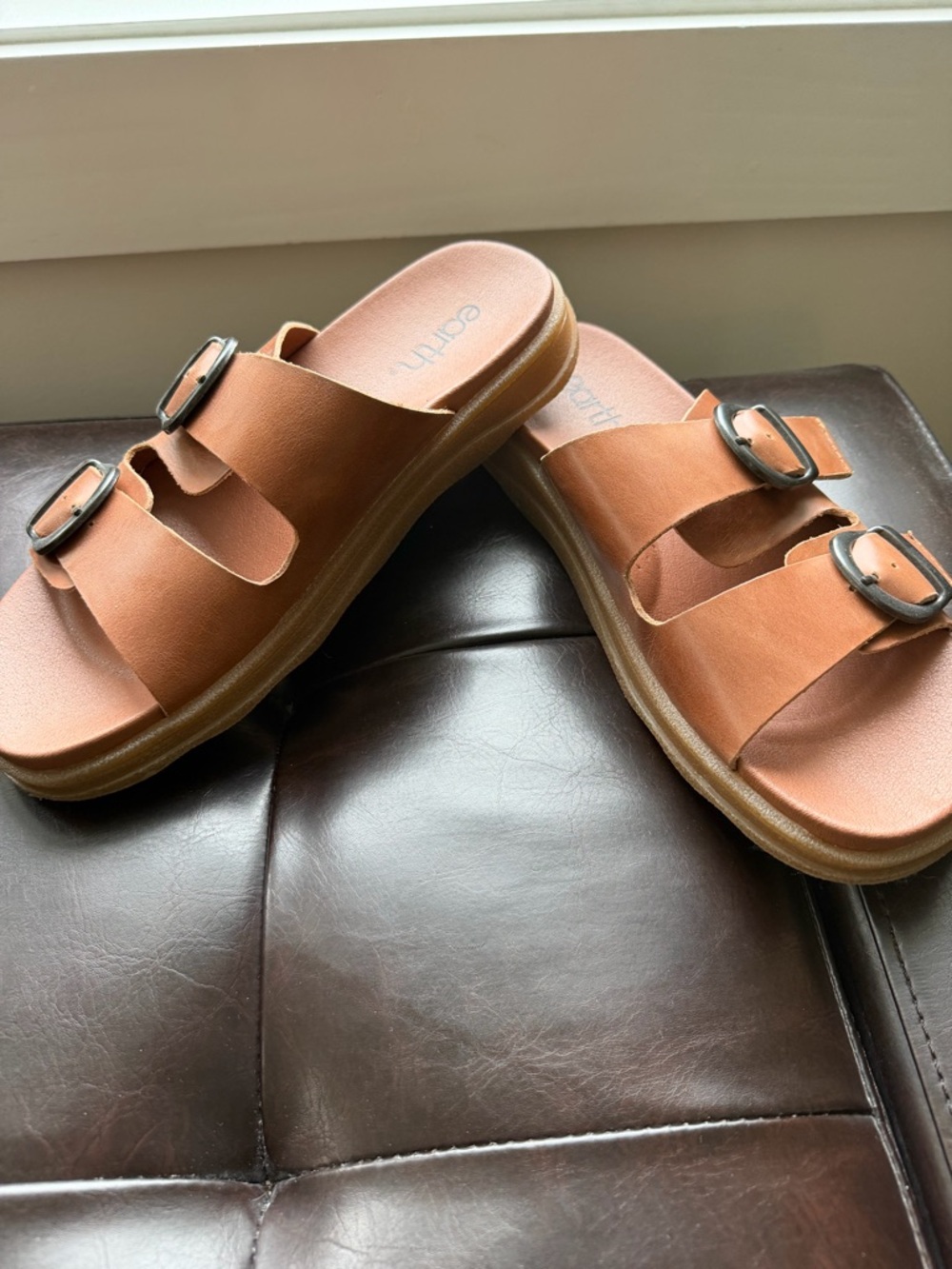 Earth Tan Leather Double-Buckle Slide Sandals - Picture 2 of 3